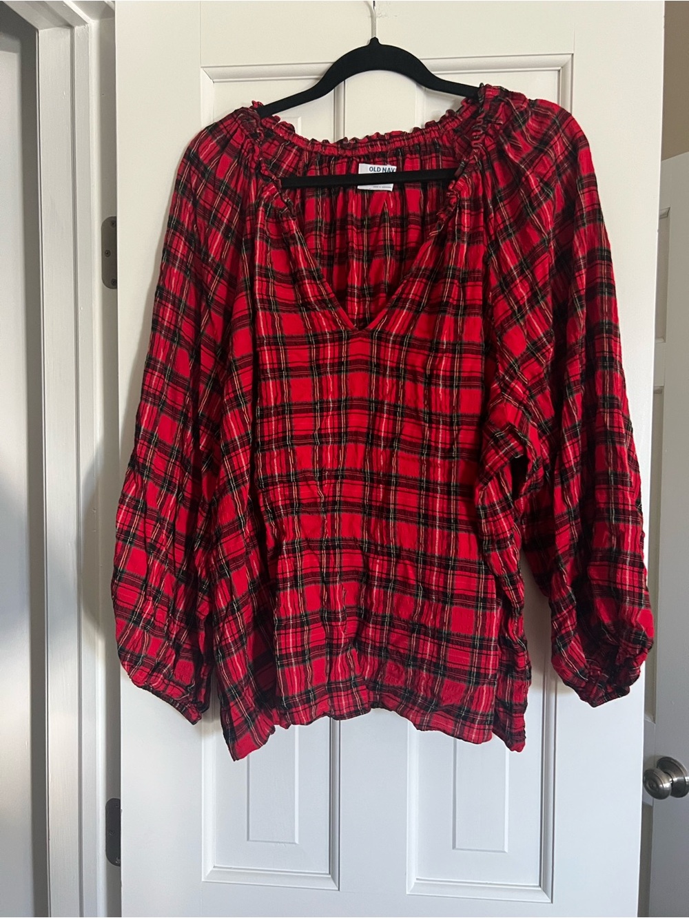 Old Navy Red and Black Plaid Peasant Top